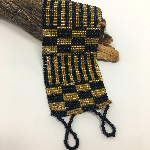 Art Deco Inspired Gold Black Wide Loom Woven Seed Bead Cuff Bracelet - Picture 8 of 16